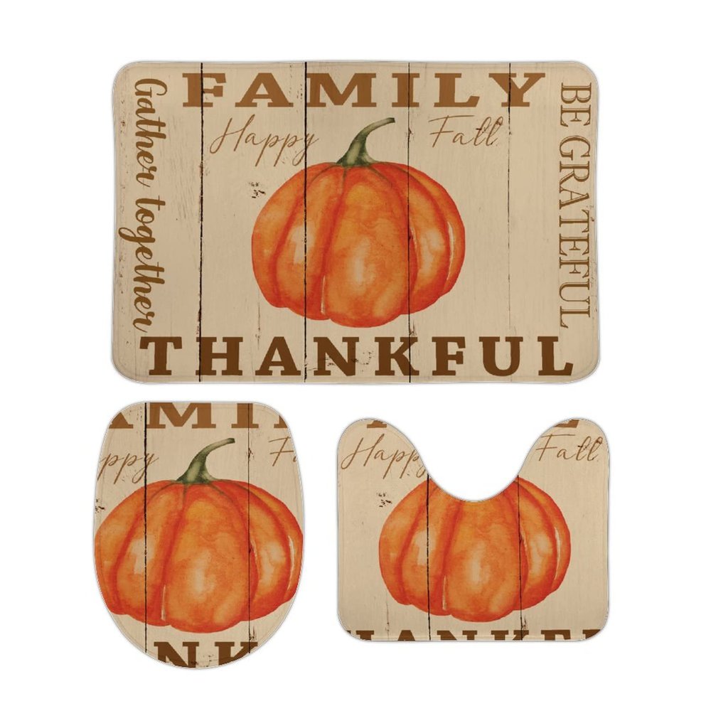 3 Pieces Be Grateful Thankful Family Gather Together Bathroom Rug Set Happy Fall Pumpkin Soft Foam Non Slip Bath Mats Sets Toilet Contour Mat Lid Cover for Bathtub Shower and Bathroom Decor 20"x32"
