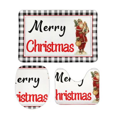 3 Pieces Merry Christmas Santa Bathroom Rug Set Black and White Stripe Pattern Soft Foam Non Slip Bath Mats Sets Toilet Contour Mat Lid Cover for Bathtub Shower and Bathroom Decor 20"x32"