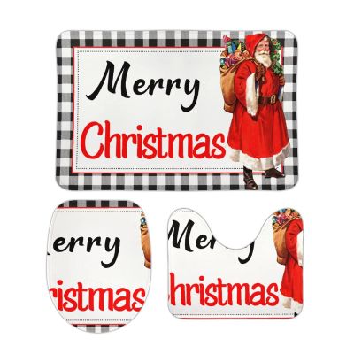 3 Pieces Merry Christmas Santa Bathroom Rug Set Black and White Stripe Pattern Soft Foam Non Slip Bath Mats Sets Toilet Contour Mat Lid Cover for Bathtub Shower and Bathroom Decor 20"x32"