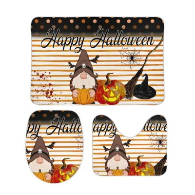 3 Pieces Orange Stripe Gnome Pumpkin Bathroom Rug Set Happy Halloween Soft Foam Non Slip Bath Mats Sets Toilet Contour Mat Lid Cover for Bathtub Shower and Bathroom Decor 20"x32"