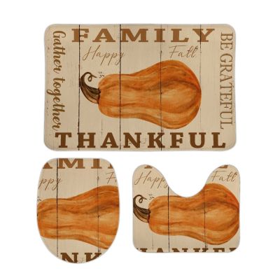 3 Pieces Be Grateful Thankful Family Gather Together Bathroom Rug Set Happy Fall Pumpkin Soft Foam Non Slip Bath Mats Sets Toilet Contour Mat Lid Cover for Bathtub Shower and Bathroom Decor 20"x32"