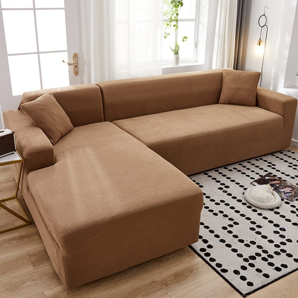 youyoucool Sectional Couch Covers L Sofa Covers Super Stretch 1 pcs Sofa Slipcovers for 3 Seaters Chaise Slipcover Pets, Coffee Color