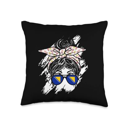 Bosnia Herzegovina Messy Bun Bandana Bosnian Flag Glasses Throw Pillow
