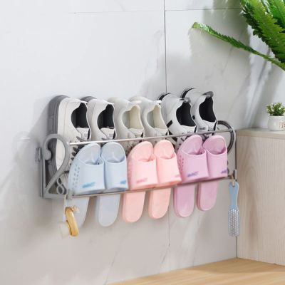 CTVR Stainless Steel Door Shoe Rack, Double-Decker Shoe Holder, Wall Mounted Slipper Storage Stand, Multifunctional Towel Hanger, Accommodate 1-14 Pairs (Size : 69 * 17.5 * 12cm)