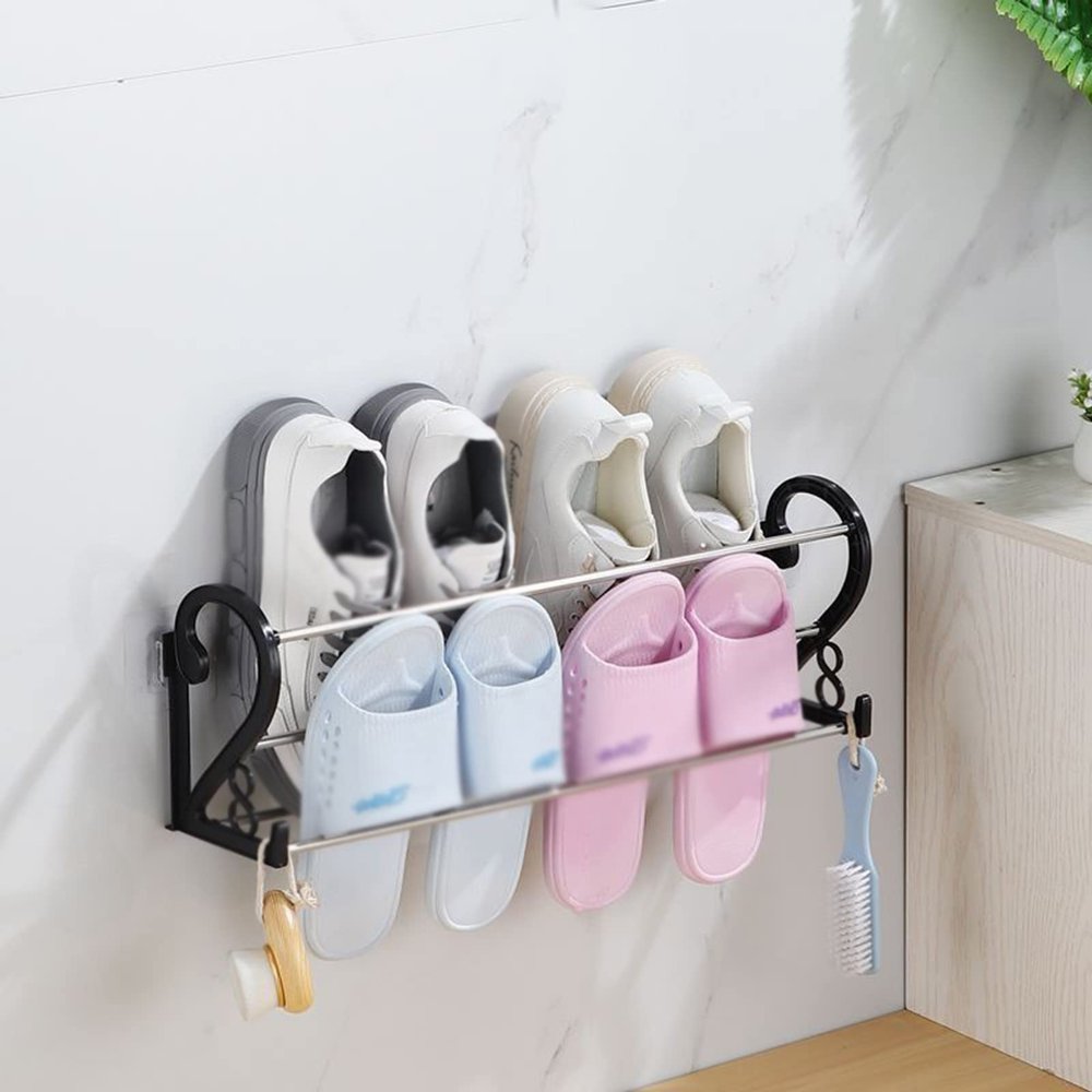 CTVR Door Shoe Rack, Double-Decker Shoe Holder, Wall Mounted Slipper Storage Stand, Multifunctional Towel Hanger, Suitable for Cotton Shoes and Sports Shoes (Size : 69 * 17.5 * 12cm)