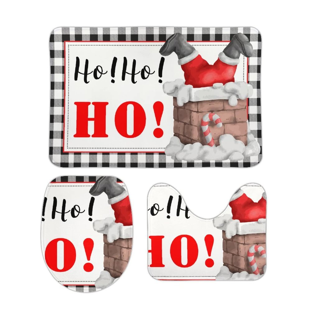 3 Pieces Merry Christmas Santa Hohoho Bathroom Rug Set Black and White Stripe Pattern Soft Foam Non Slip Bath Mats Sets Toilet Contour Mat Lid Cover for Bathtub Shower and Bathroom Decor 20"x32"