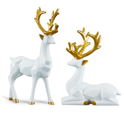 2PCS carved elk statue resin ornaments, Christmas reindeer fortune seeking decoration modern retro art standing and sitting posture, applicable to living room and bedroom (3D geometric white)