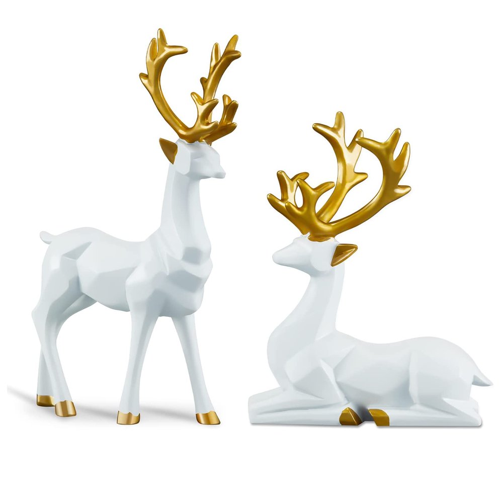 2PCS carved elk statue resin ornaments, Christmas reindeer fortune seeking decoration modern retro art standing and sitting posture, applicable to living room and bedroom (3D geometric white)
