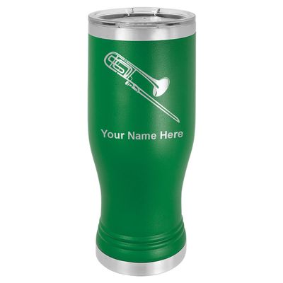 LaserGram 14oz Vacuum Insulated Pilsner Mug, Trombone, Personalized Engraving Included (Green)