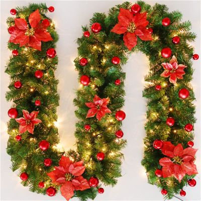 Christmas Wreath Artificial Flower Vine Wreath Christmas LED Rattan Garland Decorative Wedding Christmas Wreath for Front Door with Lights Flower (Color : Red)