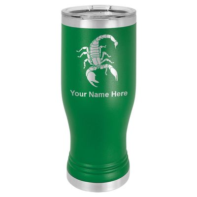 LaserGram 14oz Vacuum Insulated Pilsner Mug, Scorpion, Personalized Engraving Included (Green)