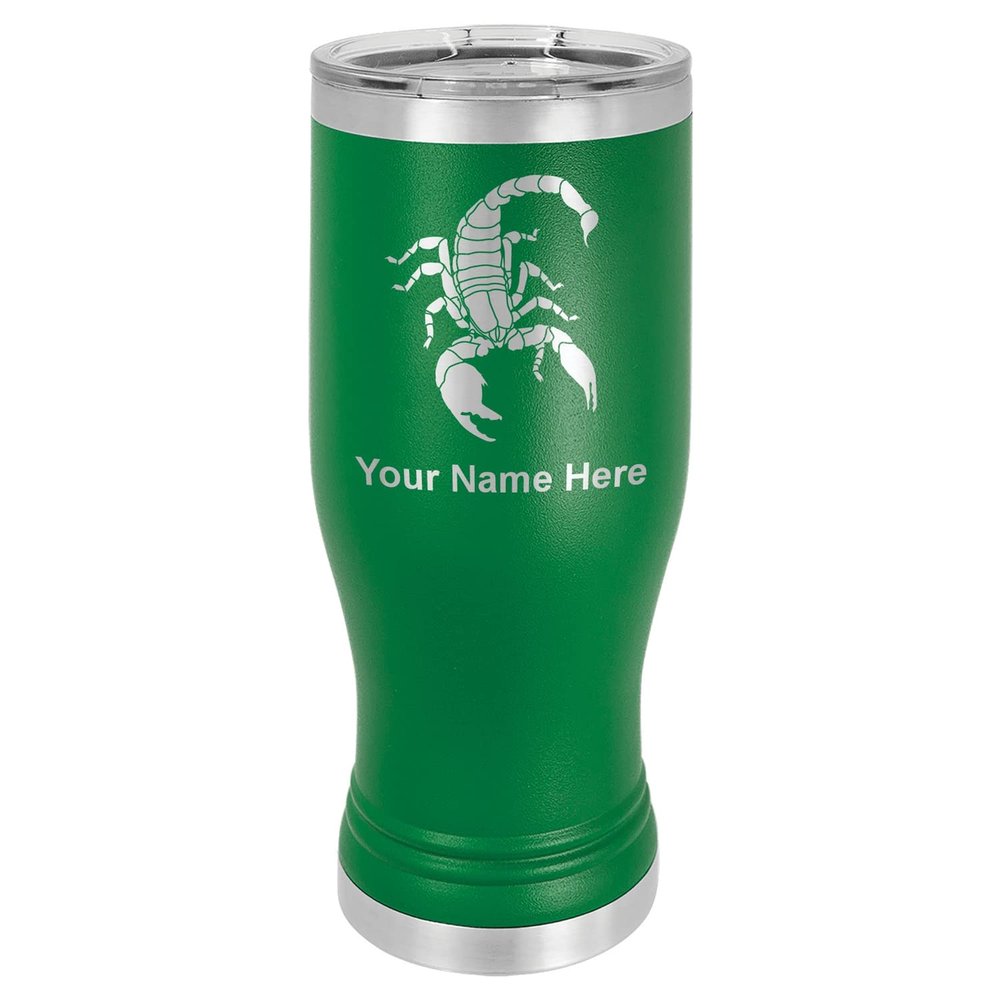 LaserGram 14oz Vacuum Insulated Pilsner Mug, Scorpion, Personalized Engraving Included (Green)