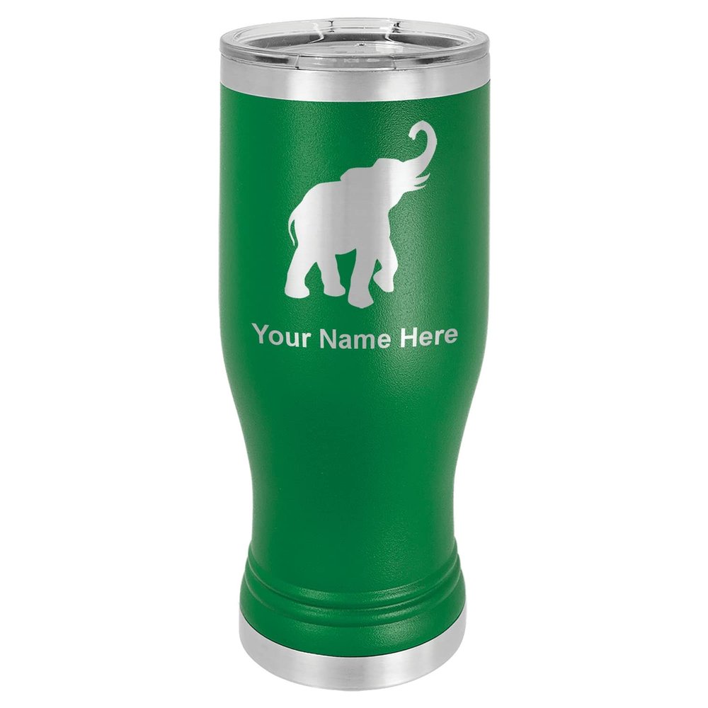 LaserGram 14oz Vacuum Insulated Pilsner Mug, Indian Elephant, Personalized Engraving Included (Green)