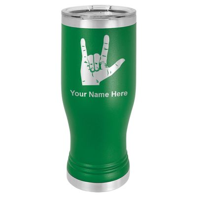 LaserGram 14oz Vacuum Insulated Pilsner Mug, Sign Language I Love You, Personalized Engraving Included (Green)