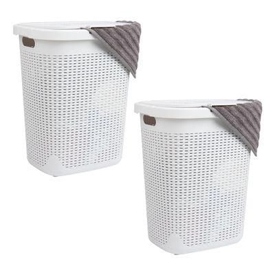 Mind Reader 50L Slim Laundry Hamper, Clothes Basket, Lid, Wicker Design, Plastic, 17.65"L x 13.75"W x 21"H, Set of 2, White
