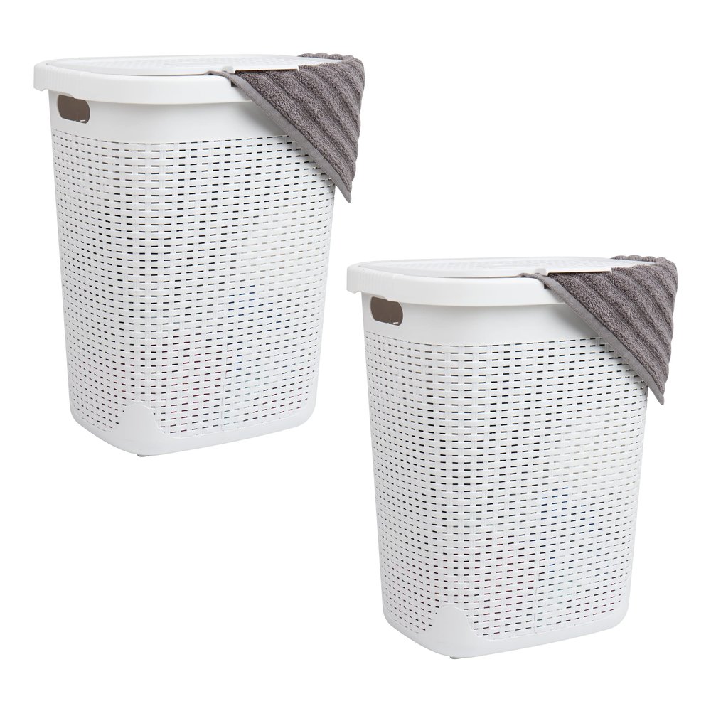 Mind Reader 50L Slim Laundry Hamper, Clothes Basket, Lid, Wicker Design, Plastic, 17.65"L x 13.75"W x 21"H, Set of 2, White