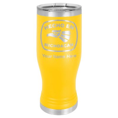 LaserGram 14oz Vacuum Insulated Pilsner Mug, Hecho en Michoacan, Personalized Engraving Included (Yellow)