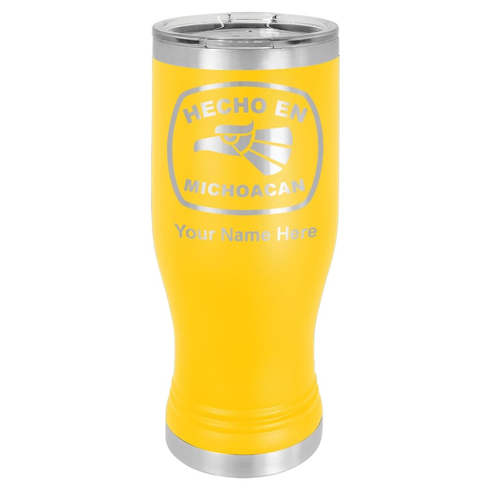 LaserGram 14oz Vacuum Insulated Pilsner Mug, Hecho en Michoacan, Personalized Engraving Included (Yellow)