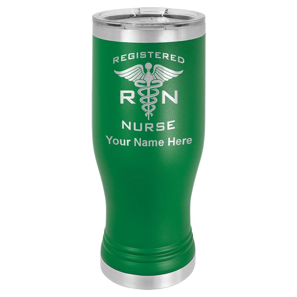 LaserGram 14oz Vacuum Insulated Pilsner Mug, RN Registered Nurse, Personalized Engraving Included (Green)