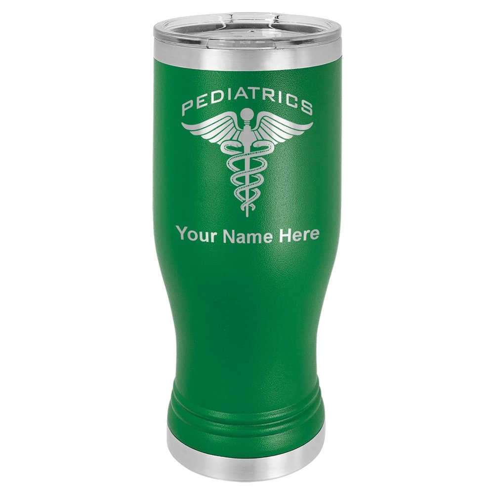 LaserGram 14oz Vacuum Insulated Pilsner Mug, Pediatrics, Personalized Engraving Included (Green)