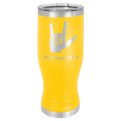 LaserGram 14oz Vacuum Insulated Pilsner Mug, Sign Language I Love You, Personalized Engraving Included (Yellow)