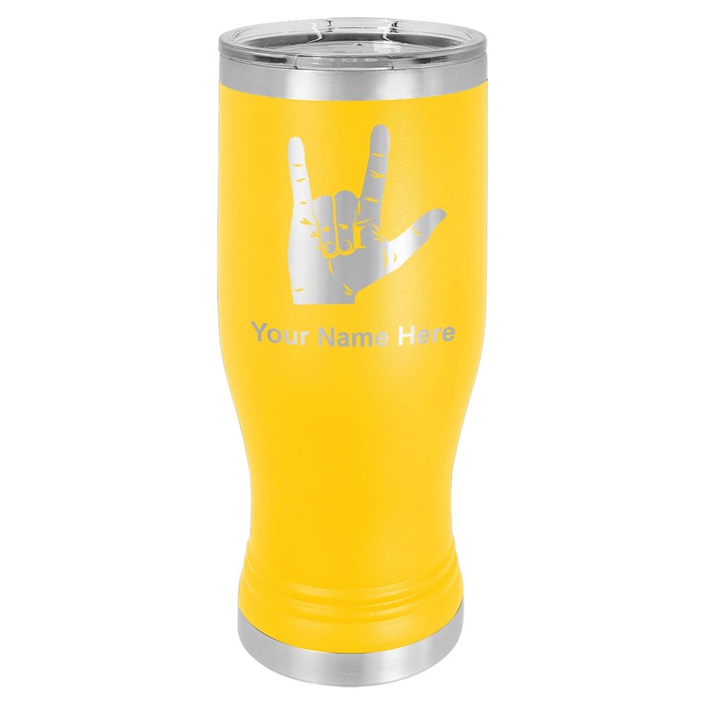 LaserGram 14oz Vacuum Insulated Pilsner Mug, Sign Language I Love You, Personalized Engraving Included (Yellow)