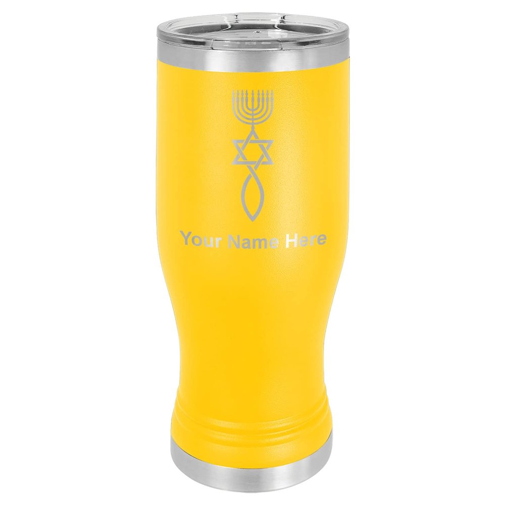 LaserGram 14oz Vacuum Insulated Pilsner Mug, Messianic Symbol, Personalized Engraving Included (Yellow)
