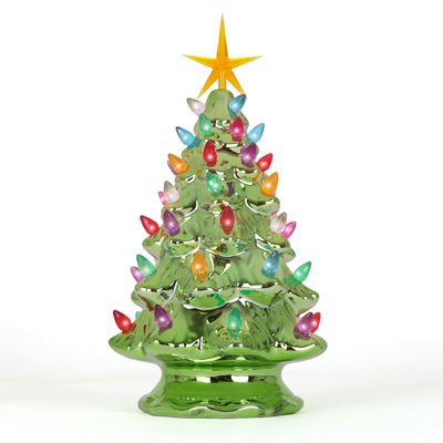 Milltown Merchants Ceramic Christmas Tree - Tabletop Tree with Lights - (11.5" Pearl Olive Christmas Tree/Multicolored Lights) - Lighted Vintage Ceramic Tree