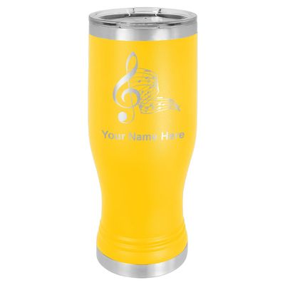 LaserGram 14oz Vacuum Insulated Pilsner Mug, Musical Notes, Personalized Engraving Included (Yellow)