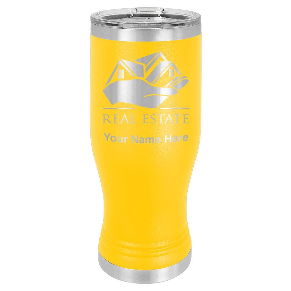 LaserGram 14oz Vacuum Insulated Pilsner Mug, Real Estate, Personalized Engraving Included (Yellow)