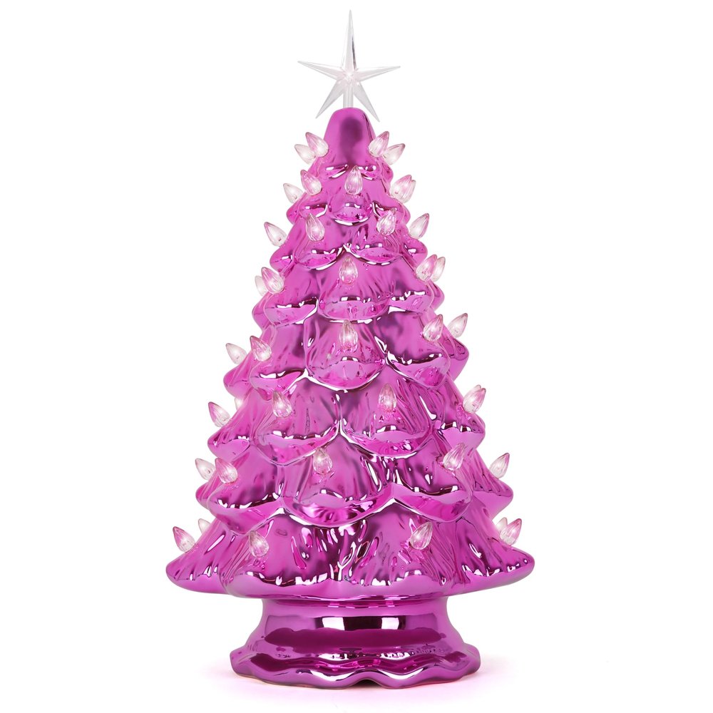 Ceramic Christmas Tree - Tabletop Tree with Lights - (15.5 inch Large Pearl Pink Christmas Tree/Clear Lights) - Lighted Vintage Ceramic Tree