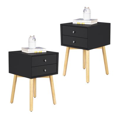 VERYKE 2-Drawer Nightstand Set of 2 Bedroom Beside Table Mid-Century End Side Table Night Stand Modern Dresser with Solid Wood Legs and Metal Handle for Living Room(Black)