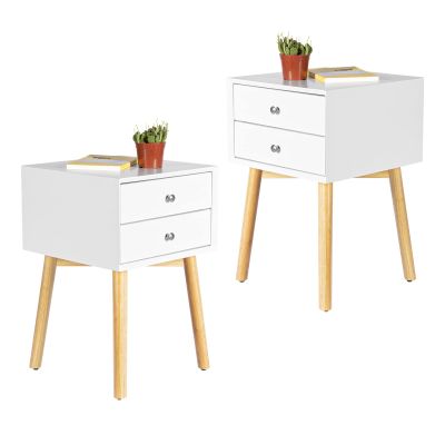 VERYKE 2-Drawer Nightstand Set of 2 Bedroom Beside Table Mid-Century End Side Table Night Stand Modern Dresser with Solid Wood Legs and Metal Handle for Living Room(White)