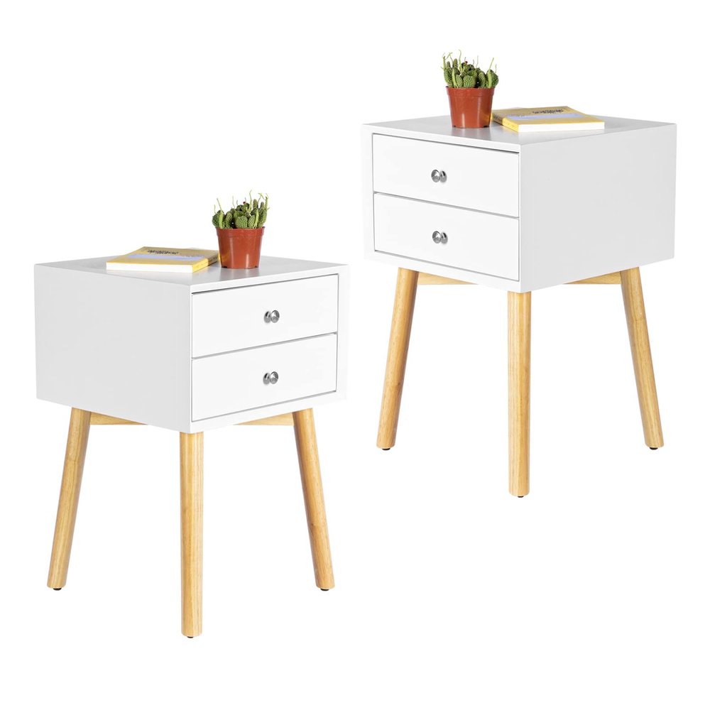 VERYKE 2-Drawer Nightstand Set of 2 Bedroom Beside Table Mid-Century End Side Table Night Stand Modern Dresser with Solid Wood Legs and Metal Handle for Living Room(White)