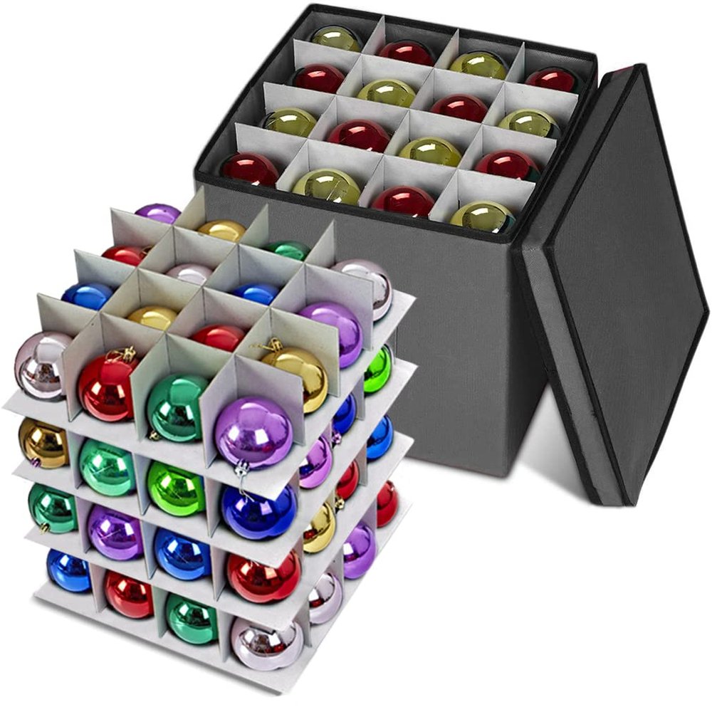 ProPik Christmas Ornament Storage Box, 4 Tier Holds Up to 64 Holiday Ornaments Decoration Balls, Storage Container with Dividers, Made with Durable 600D Oxford Polyester Material (Gray)