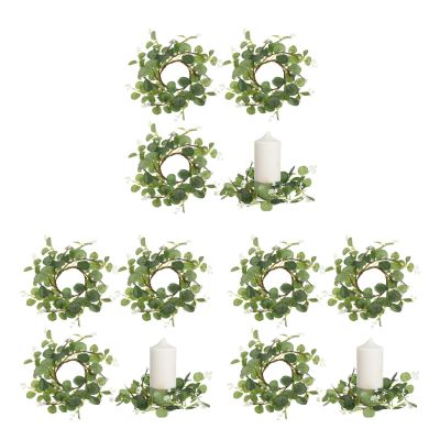 12pcs Rings Christmas Pillar Wreath Eucalyptus Small Decor Holiday Holder Home Wreath for Outdoor Party Easter Decoration Candle Artificial Leaves and