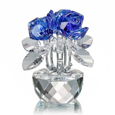 Crystal Three Red Roses Figurines Paperweight Crafts Collection Table Ornaments Souvenir Home Wedding Decorative Gifts (Blue)