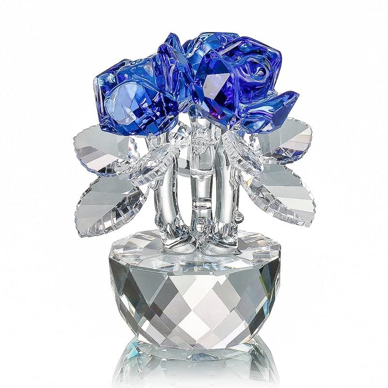 Crystal Three Red Roses Figurines Paperweight Crafts Collection Table Ornaments Souvenir Home Wedding Decorative Gifts (Blue)