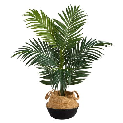 4' Palm Artificial Tree in Boho Chic Handmade Cotton Jute Black Woven Planter