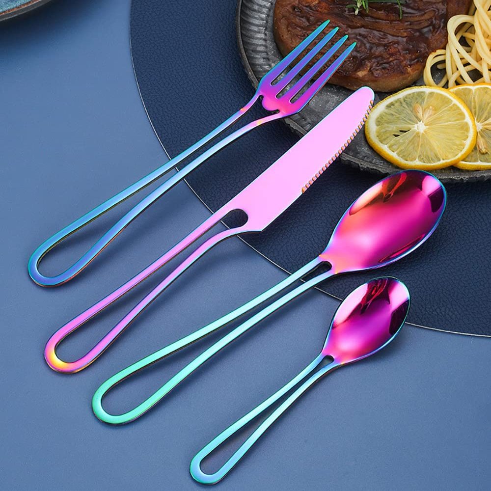 Rainbow Silverware Set 40 Piece Hanging Flatware Set for 10 With Hollow handle Stainless Steel Wedding Restaurant Home Kitchen Cutlery Utensils Set Include Knifes Teaspoons Forks and Spoons