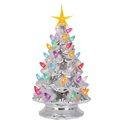 Milltown Merchants Ceramic Christmas Tree - Tabletop Tree with Lights - (11.5" Medium Silver Christmas Tree/Multicolored Lights) - Lighted Vintage Ceramic Tree
