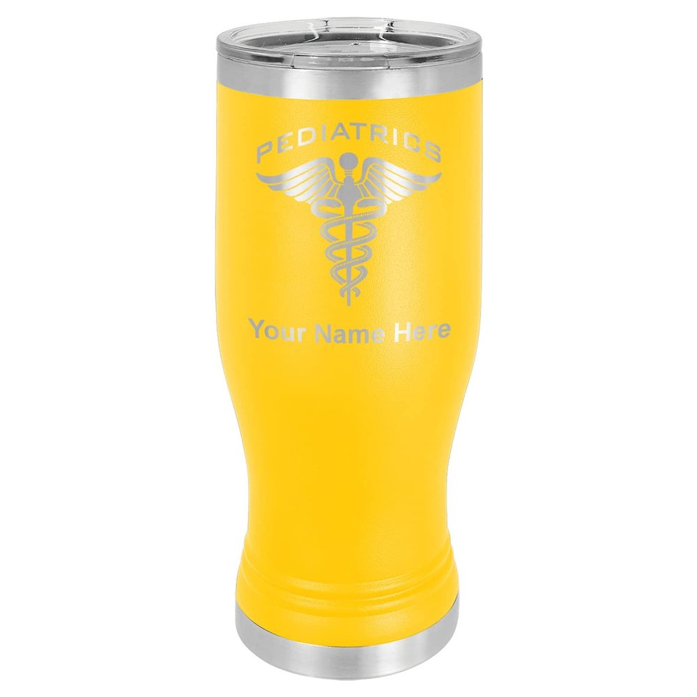 LaserGram 14oz Vacuum Insulated Pilsner Mug, Pediatrics, Personalized Engraving Included (Yellow)