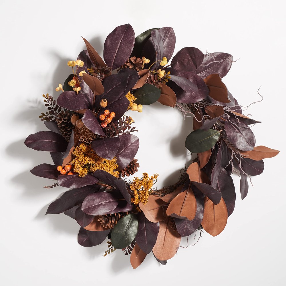30 Inch Magnolia Leaf Fruit Wreath 30" W X D 9" H Purple Yellow Metal Rattan