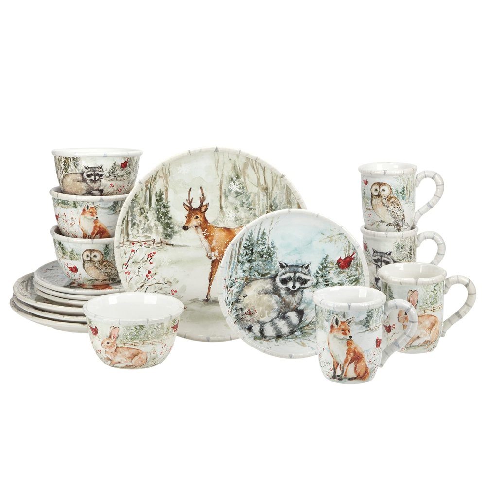 16 Pc Dinnerware Set Service for 4 Brown Multi Color White Animal Casual Modern Contemporary Round Piece Dishwasher Safe Microwave