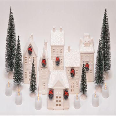 Mark Feldstein & Associates Holiday Wreath Village with Trees, White Unglazed Porcelain LED Christmas Figurines, 18 Piece Set