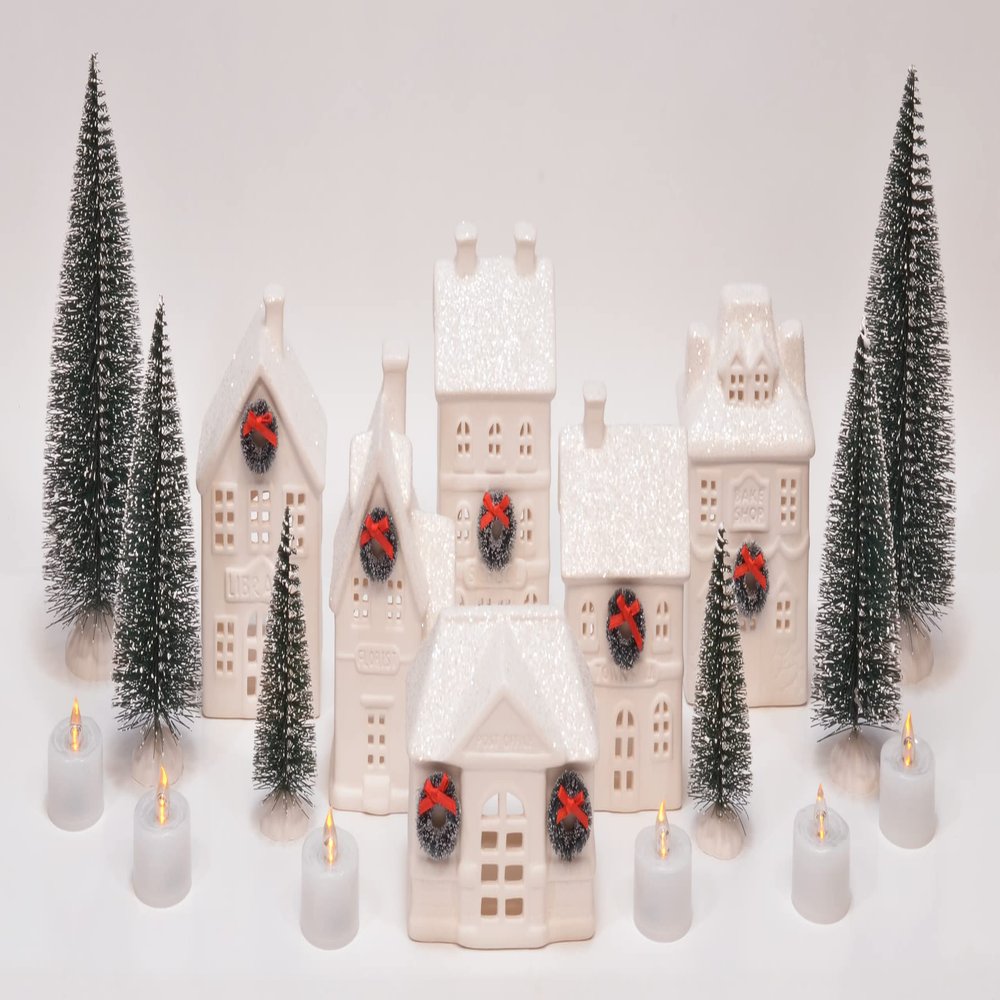 Mark Feldstein & Associates Holiday Wreath Village with Trees, White Unglazed Porcelain LED Christmas Figurines, 18 Piece Set