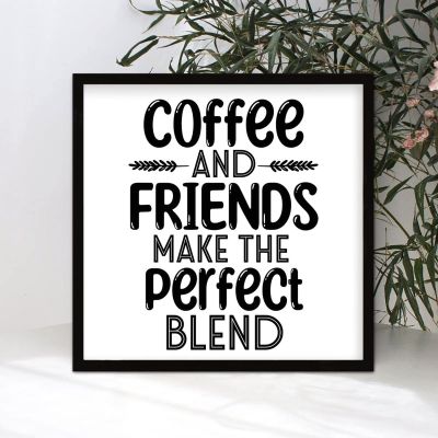 7x7in Wood Framed Sign With Inspirational Quotes Coffee and Friends Make the Perfect Blend Bible Verse Black Frame Wooden Plaque for Bathroom Farmhouse Porch Cottage Wall Decor Housewarming Gift