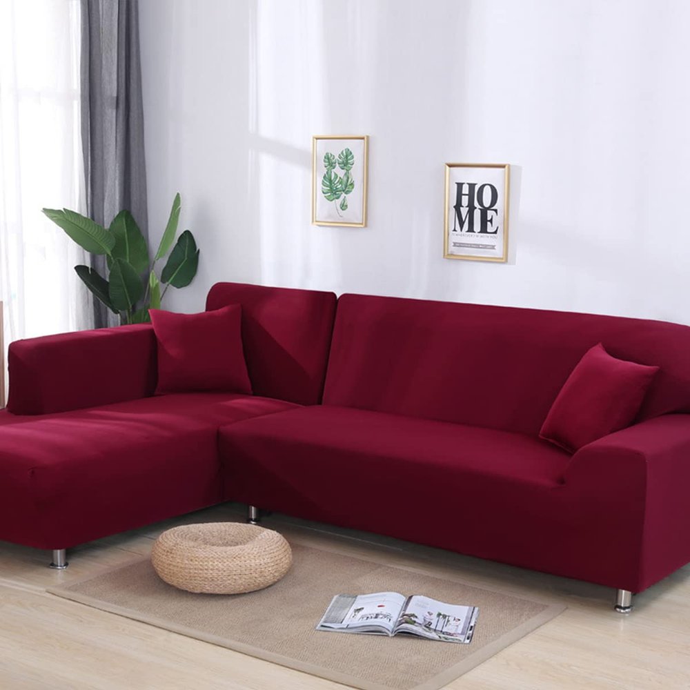 youyoucool Couch Covers Sectional L Shape Sofa Covers Super Stretch 1 pcs Sofa Slipcovers for 4 Seaters Sectional Chaise Slipcover Covers for Pets Kids, Wine red