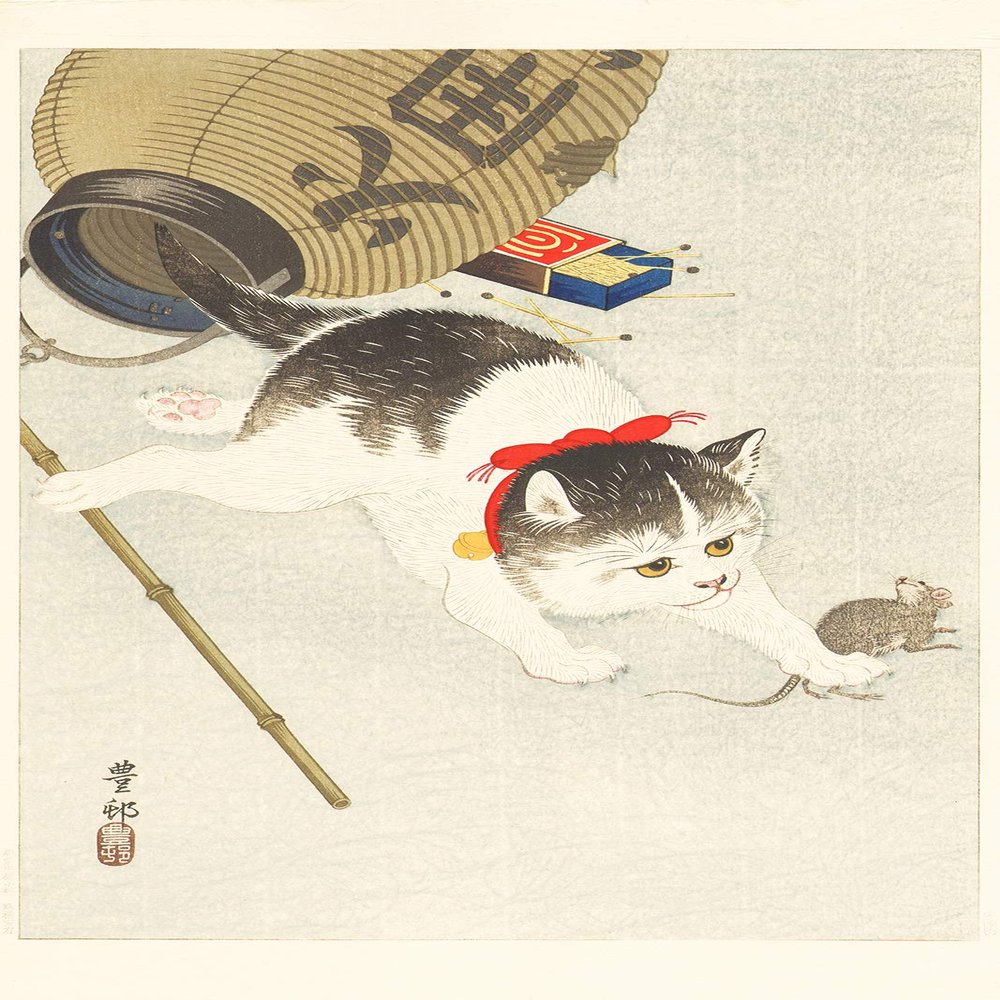 100% Smooth Cotton Paper - Ohara Koson - Cat and Paper Lantern (1926) - Painting Photo Poster Print Art Gift Wall Home Decor - Animal Kitty Kitten - Size: 24 x 16 Inches