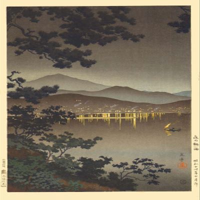 100% Smooth Cotton Paper - Tsuchiya Koitsu - Midnight Scene at Atami (1935) Ukiyo-e Japan Japanese Poster Painting Art Print - Size: 24 x 16 Inches